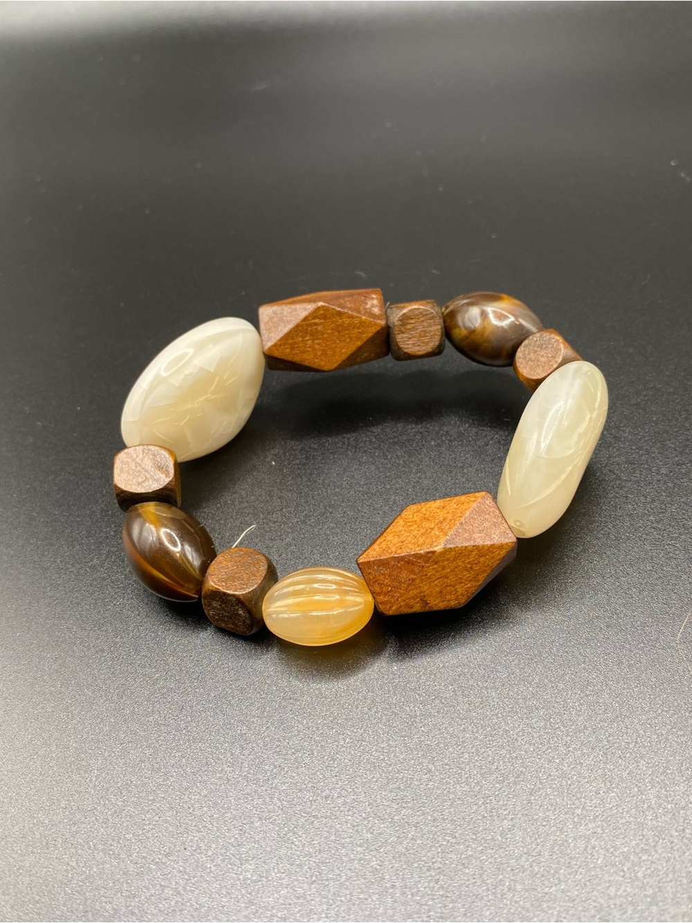 Vintage Natural Brown and Cream Beaded Stretch Bracelet
